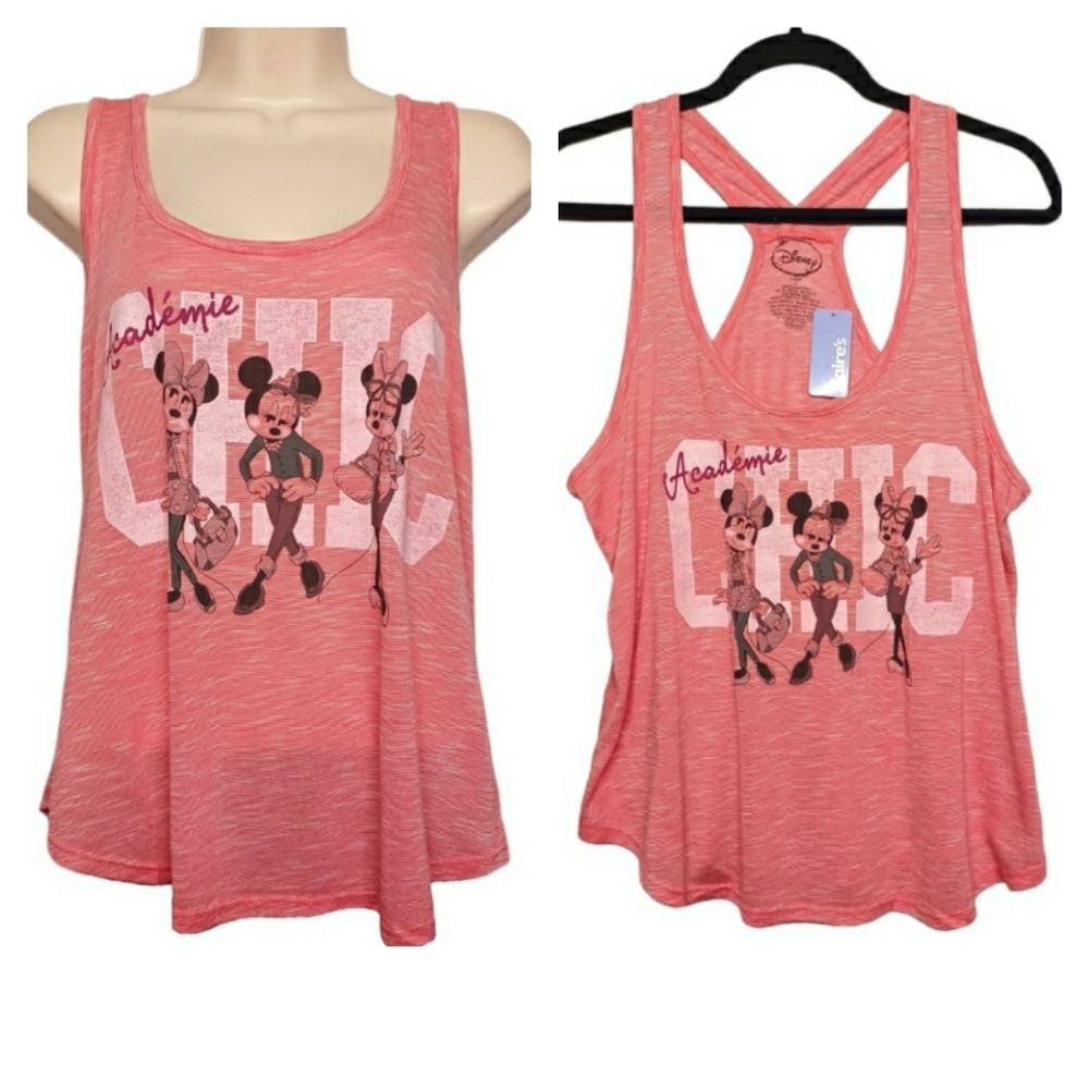 DISNEY Minnie Mouse Chic Print Pink White Sleeveless Racerback Top L Juniors NWT